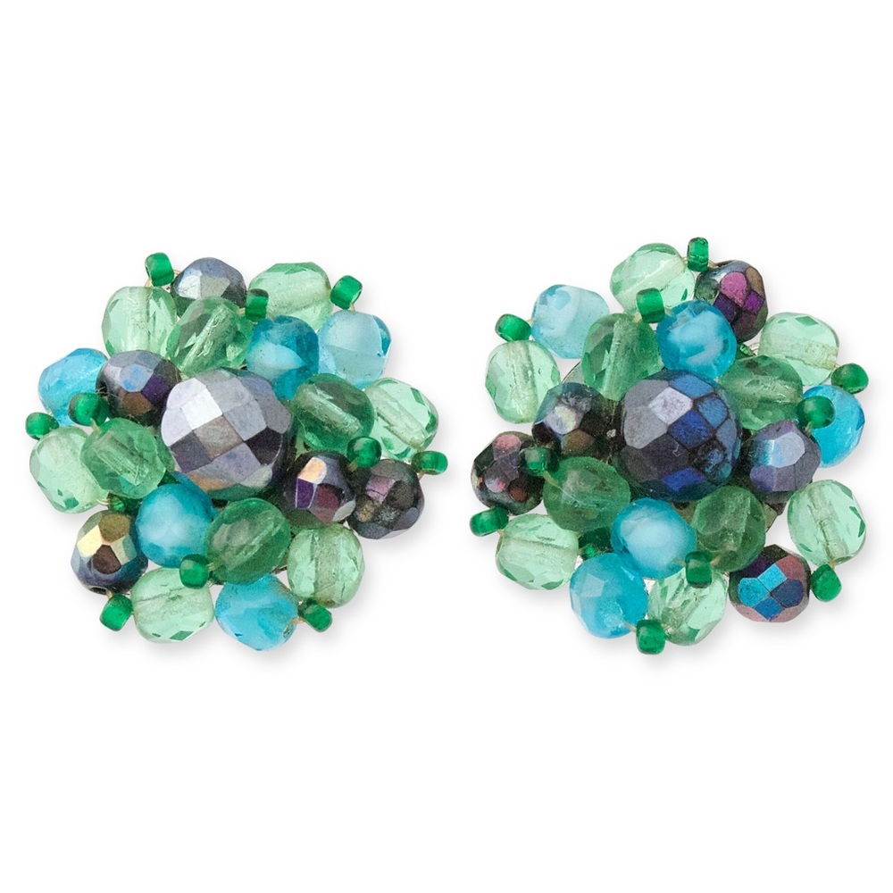 Vintage German Glass Bead Cluster Clip On Earrings Blue Green Western Germany